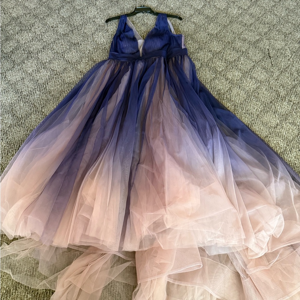 Mac Duggal Blue and Pink Plunge Neck Gown